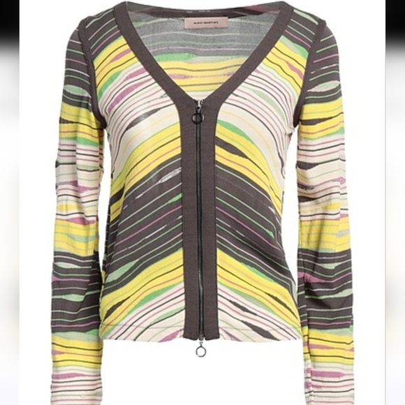Aldo Martins, Multi Abstract V-neck Zip Front Stretch Knit Cardigan, SZ 10 - Picture 11 of 11